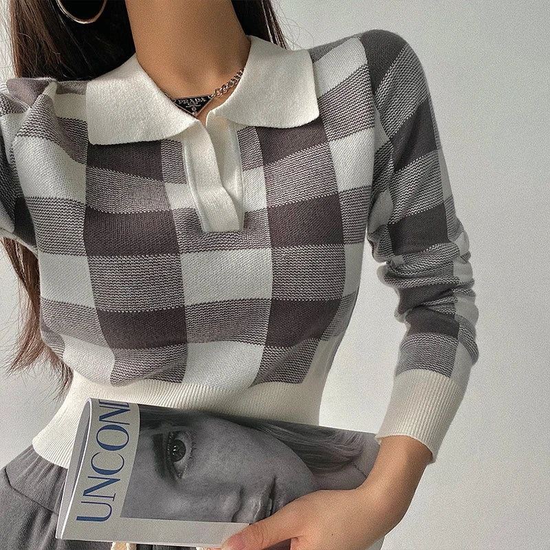 -Fall Outfits -Fall Outfits Long Sleeve Top Autumn Winter Vintage Knitwear Crop Tops Women Pullover Sweaters Fashion Female Long Sleeve Elastic Casual Plaid Knitted Shirts