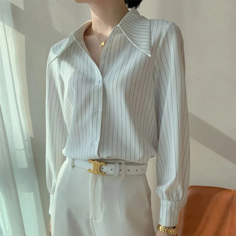 vmtvr White Stripe Long Sleeve Shirt Woman Office Ladies Basic Blouses Old Money Style Korean Fashion Summer Loose  Aesthetic