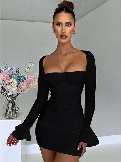 vmtvr - Elegant Backless Sexy Mini Dress For Women Robe Two Layer Mesh Full Sleeve Zipper Bodycon Party Short Dress Vestido