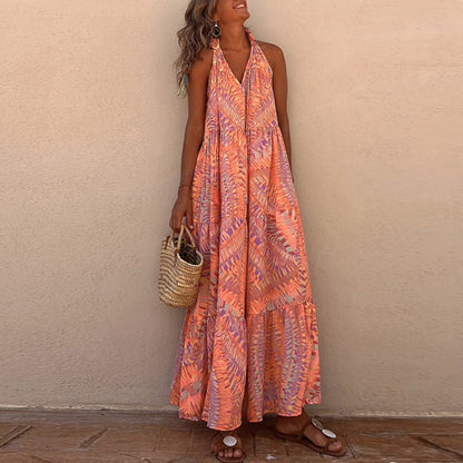 Vintage Casual Pattern Print Boho Long Dress Spring V Neck Tie-up Tassel Maxi Dress Women Big Backless Hollow Summer Beach Dress