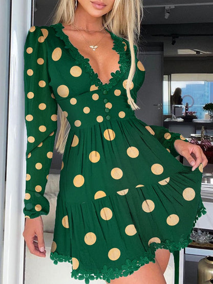 vmtvr Polka Dot Print Lace Trim Ruched Dress Women Sexy Plunge Long Sleeve Flared Mini Dress