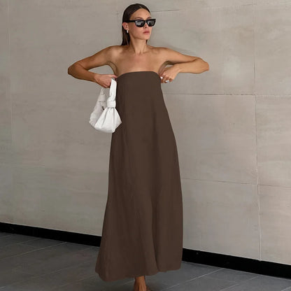 vmtvr  -  Minimalist Cotton Linen Design Strapless Dress Summer Women's Personal Street Elastic Backless Pocket Vacation Beach Dress