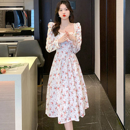 vmtvr 2024 Pink Floral Chiffon Square Collar Sexy Midi Dress Women Boho Fashion Light Casual Dress Autumn Korean Elegant Bodycon Dress