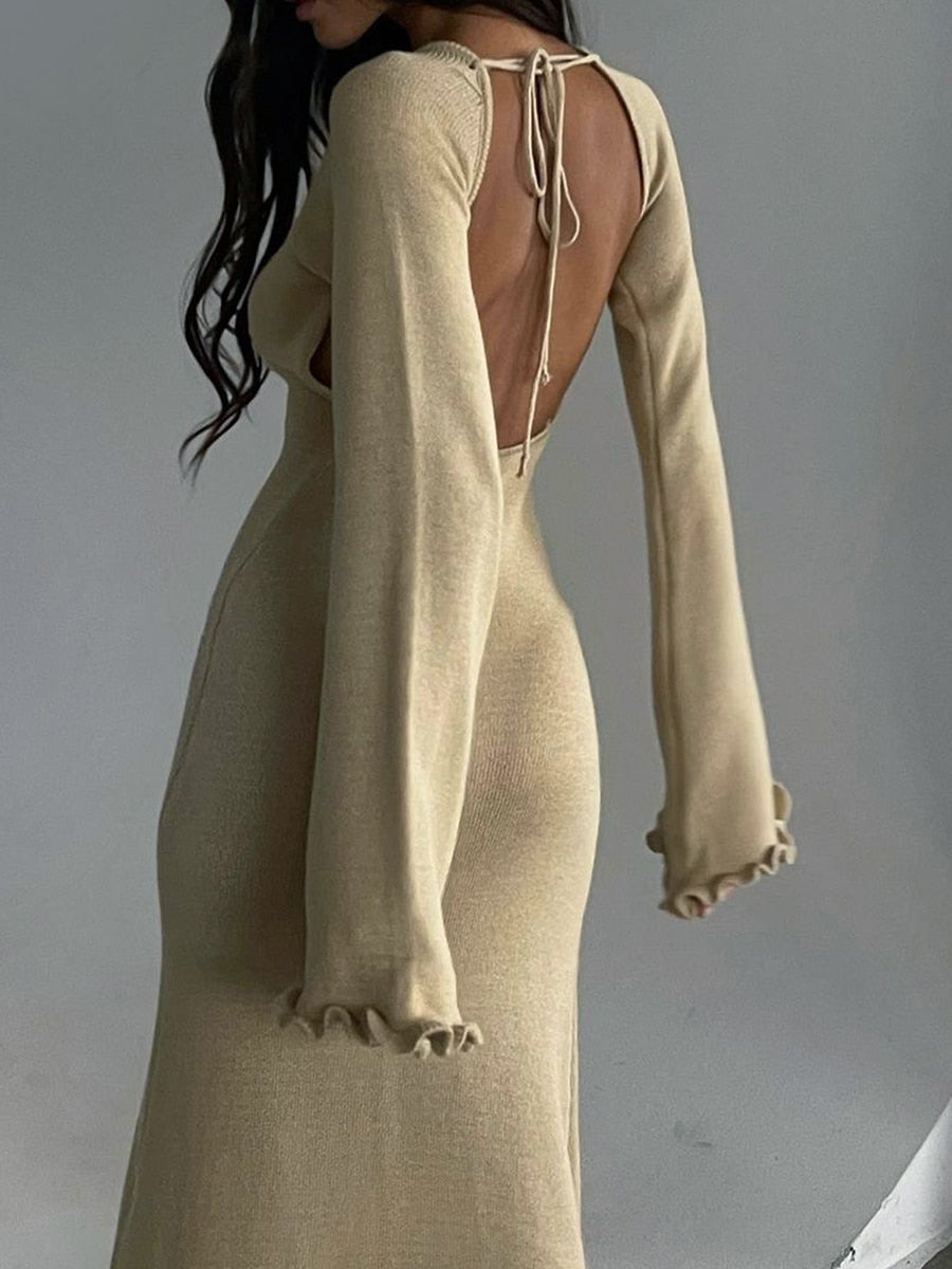 vmtvr - chic and elegant Women's Long Sleeve Knitted Bodycon Dress Tie Backless Round Neck Solid Color Ruffle Trim Long Dress Beachwear