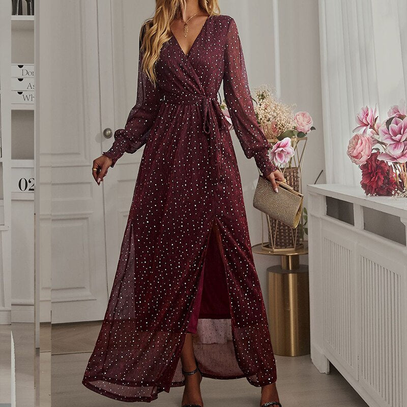 Women's Dresses for Fall Elegant Split hem Dress V-neck Full Sleeve Lace up Mesh Dotted Boho Party Skinny A-line Maxi Dresses