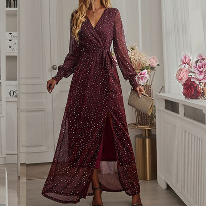 Women's Dresses for Fall Elegant Split hem Dress V-neck Full Sleeve Lace up Mesh Dotted Boho Party Skinny A-line Maxi Dresses