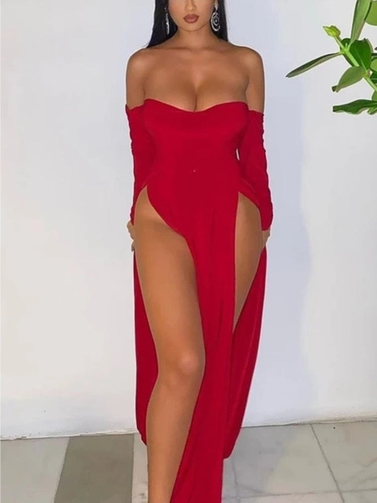 Off Shoulder Sexy Long Dress Women Elegant Evening High Split Celebrity Dresses Backless Bodycon Christmas Dress