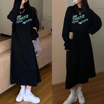 vmtvr Korean Fashion Autumn Winter Long Knee Length Dress Women's Round Neck Printed Letters Patchwork Loose Fleece Thick Warm Dresses