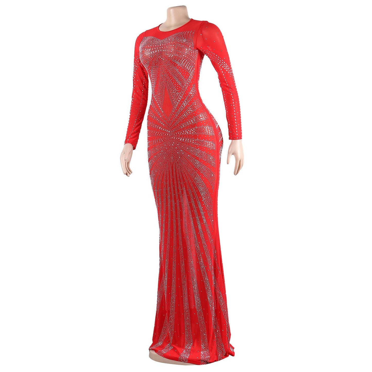 vmtvr Sexy Rhinestones Floor-length Evening Dresses Luxury Elegant Women's O-neck Long Sleeve See-through Mesh Night Club Long Dress