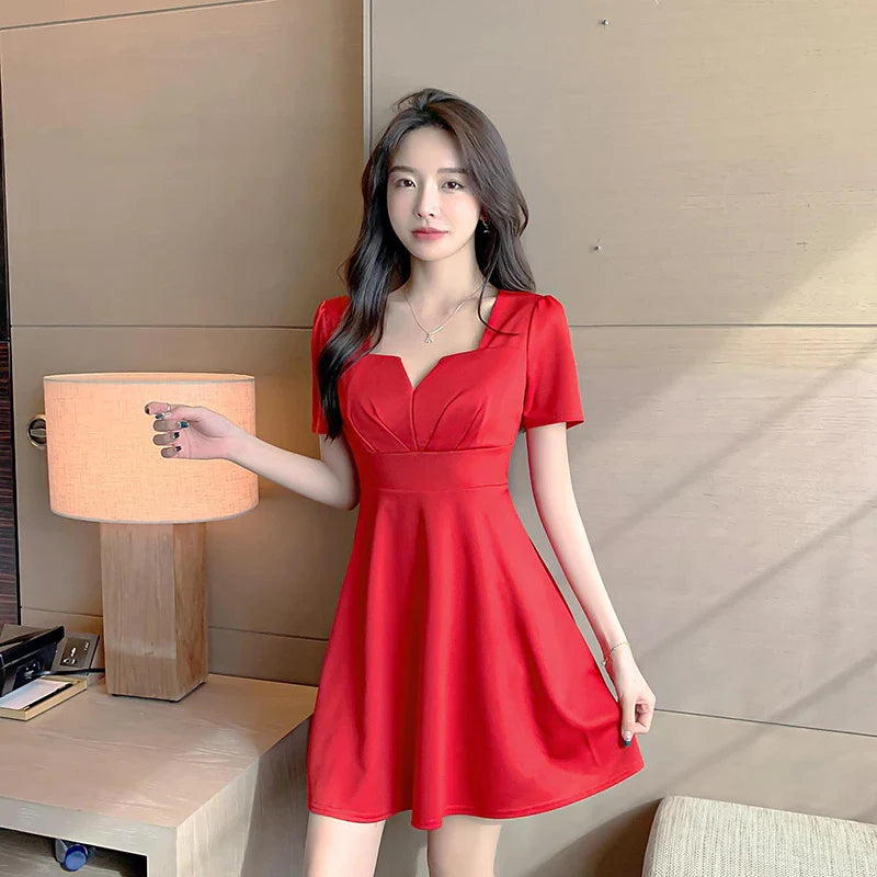 vmtvr High Waist Women Black Dress Summer Fashion Ball Gown Female Mini Dress Korean Elegant Slim Fit A Line Dresses New