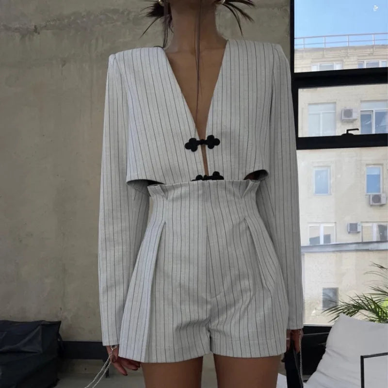 vmtvr Striped Deep V-Neck Short Set Spring And Summer Women's Sexy Long Sleeved Top High Waist Button Casual Pants Set