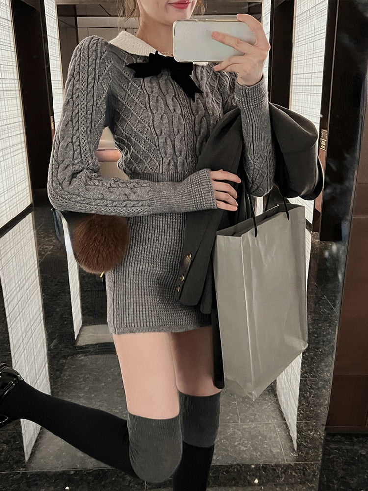 vmtvr - Autumn Korean Suit Sexy Bodycon Mini Skirt + Long Sleeve Solid Short Sweater Woman Knitted 2 Piece Dress Set Retro Casual