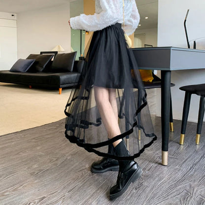 vmtvr Y2K Women Mesh Skirt Korean Irregular Patchwork A Line Midi Skirt Gothic Female Summer All Match Ball Gown Skirts New