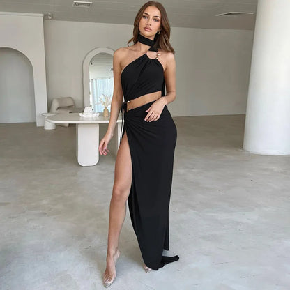 Fashion Sexy Cut Out Backless Maxi Dress Club Party Elegant Outfits Sleeveless Halter Asymmetrical Slit Dresses