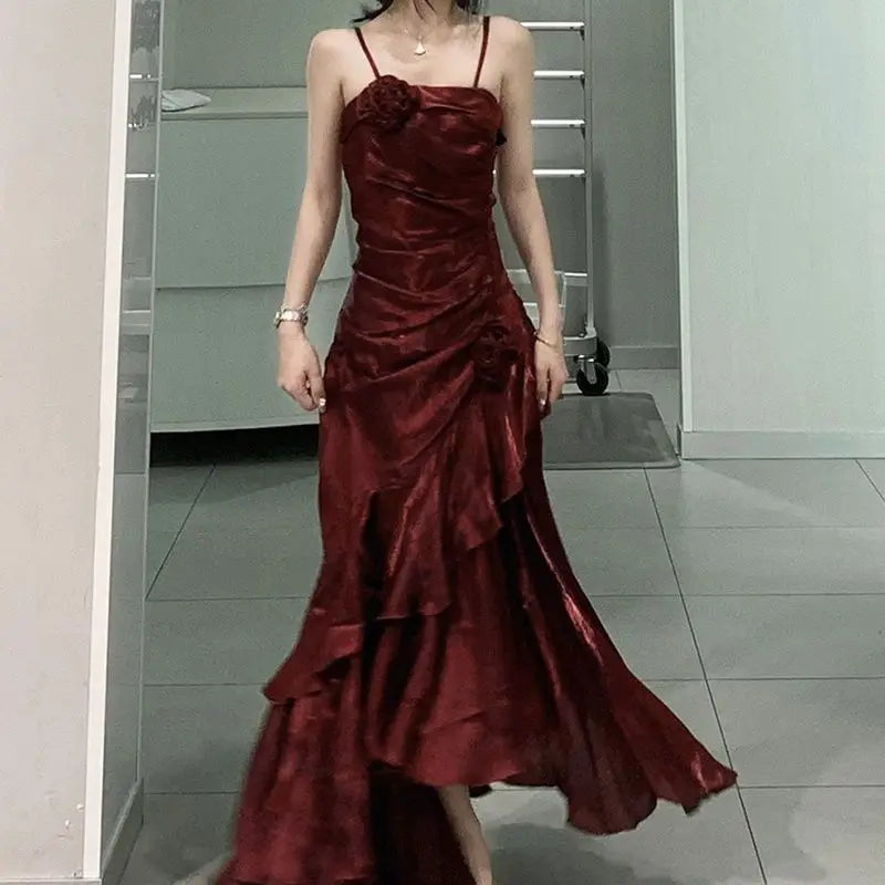 vmtvr - Korean Vintage Velvet Long Dress Women Luxury Slim Mermaid Spaghetti Strap Floral Dress Elegant Sexy Casual Evening Party Dress