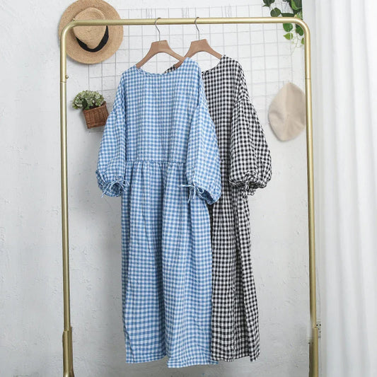 vmtvr  -  Elegant Dresses For Women 100% Cotton Plaid Casual Summer Loose Puff Sleeve Birthday Party Dress For Female Long Maxi Dress