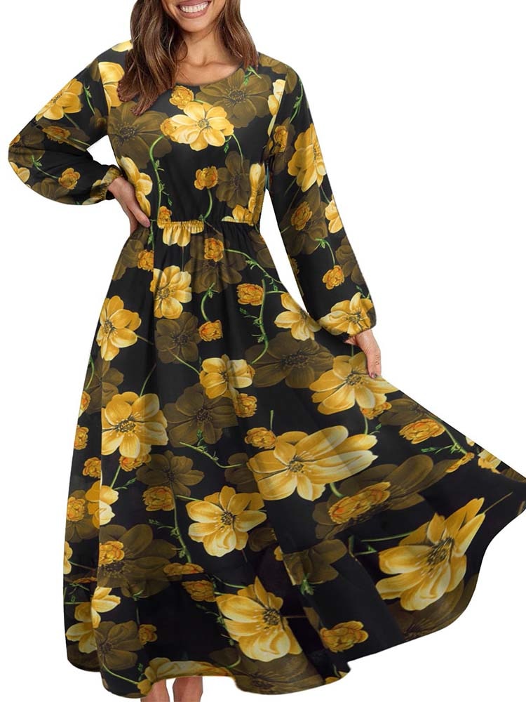 vmtvr - Elegant Floral Print Women Dress Spring Summer Casual O Neck Long Sleeve Chiffon A Line Long Maxi Dress Party Vestidos