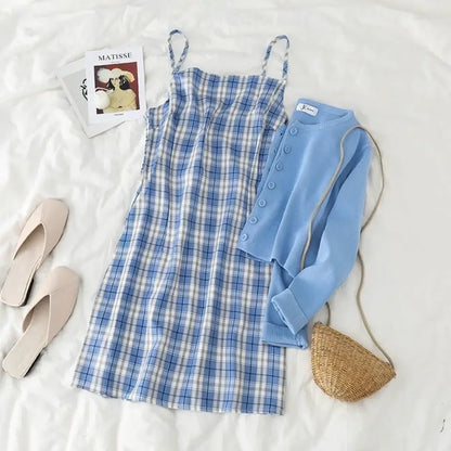 Summer New Matching Sets Sweet Slim Plaid Slip + Solid color long sleeve Cardigan Prairie Chic A-line Two-piece Dress Suits