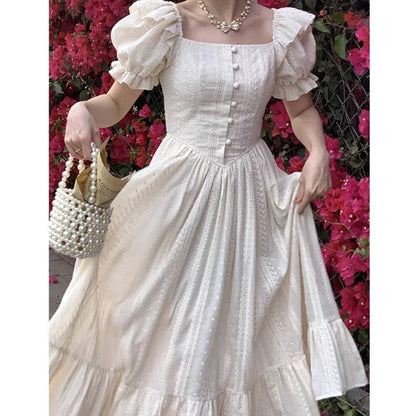 Elegant Square Collar White Dress Summer Fashion Puff Sleeve Ruffle Dress for Women 2024 Chic Vintage Maxi Dresses 2024  New