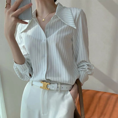 vmtvr White Stripe Long Sleeve Shirt Woman Office Ladies Basic Blouses Old Money Style Korean Fashion Summer Loose  Aesthetic