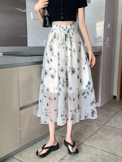 vmtvr Vintage Print Floral Women Skirts Elastic High Waist Elegant A Line Ladies Midi Skirts Summer Korean Casual White Skirt