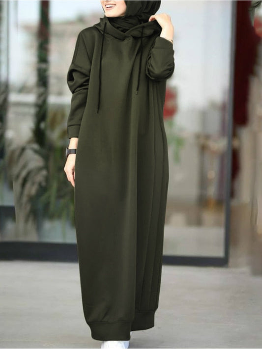 Women Muslim Dress Sweatshirt Dress  Stylish Hoodies Long Sleeve Maxi Dress Female Casual Solid Hooded Vestidos Robe