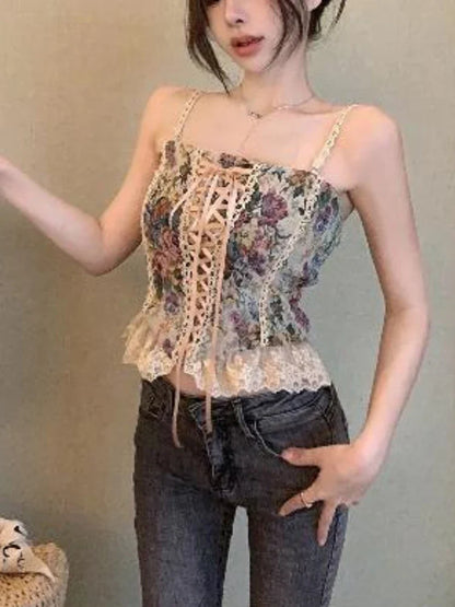 vmtvr France Vintage Print Sleeveless Tops Women Lace Elegant Party Princess Strap Top Female Korean Style Sweet Clothing Summer