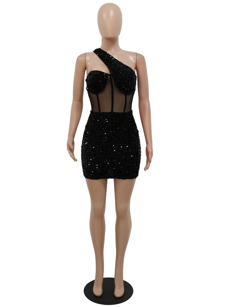 vmtvr Sexy Glitter Sequined Mesh Patchwork Mini Dress Summer Women Sleeveless One Shoulder Bodycon Night Clubwear Dress