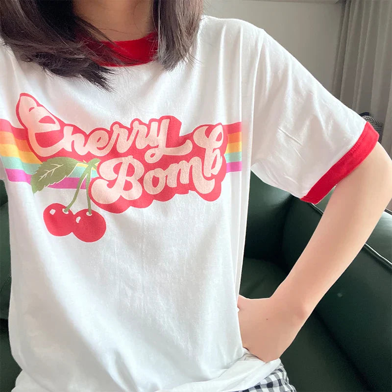 -Retro sports style outfit streetwear 90s fashion Vintage Cherry Bomb Printing Ringer Tees Short Sleeve Loose Cotton 80s 90s T Shirts Women Crewneck Ins Fashion Aesthetic Shirts