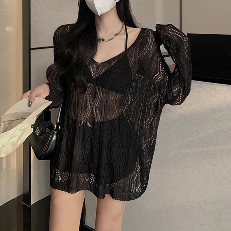 vmtvr Summer Sexy Hollow Out Knit Blouse Women Korean Fashion Lace Up Loose Sun Protection Shirts Casual Streetwear Female Tops