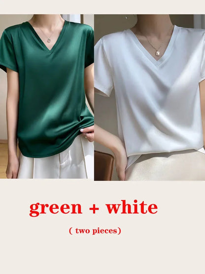 vmtvr Summer Women's T-shirt Korean Fashion Satin V-neck Tees Short-sleeved Casual LOOSE Solid Champagne White Silk T-shirts Women