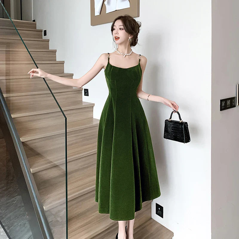 vmtvr  -  Elegant Party Sleeveless Velvet Midi Dresses for Women Autumn New Vintage Fashions A-line Slim Green Casual Female Clothing