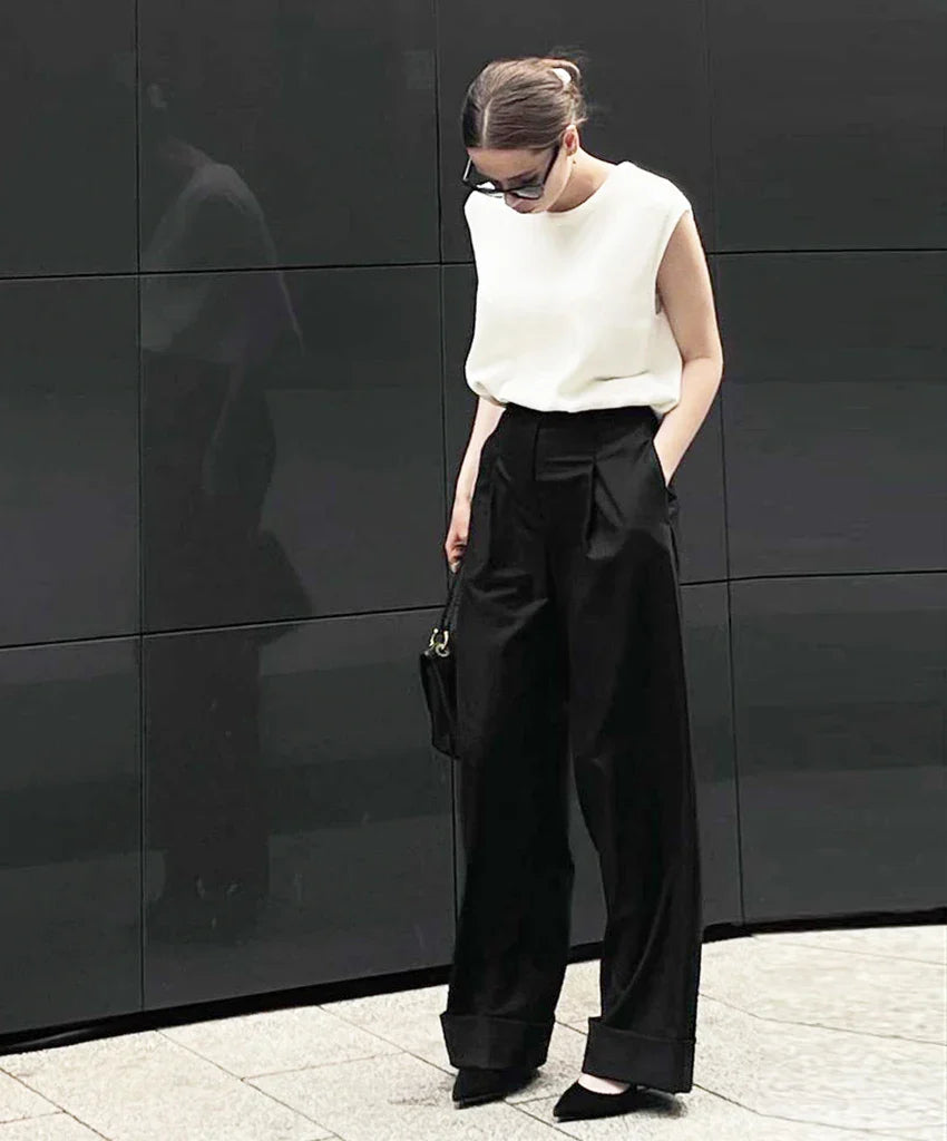 vmtvr Spring Summer Black Ladies Office Trousers Womens High Waist Pants Pockets Female Pleated Wide Legs Pants Solid 2024