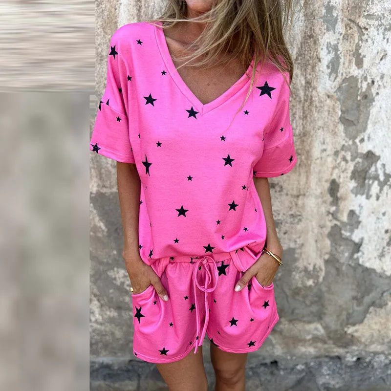 vmtvr 2024 Spring Summer Stars Print Beach Suits Women V-neck Top and Lace-up Shorts Outfits Casual Short Sleeve T-shirt Sets Harajuku