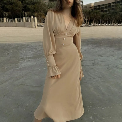 vmtvr Classic V-neck Lantern Sleeve Chiffon Dress Spring and Summer Women Casual Waistband Button Decoration A-line Evening Dress