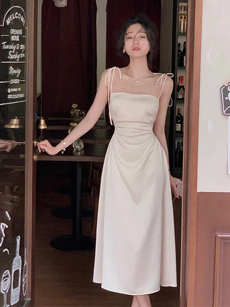 vmtvr Sexy Spaghetti Strap Satin Midi Dress Women Hollow Out Slim Waist Summer Elegant Vintage Prom Roe One Piece Vestidos Mujer New