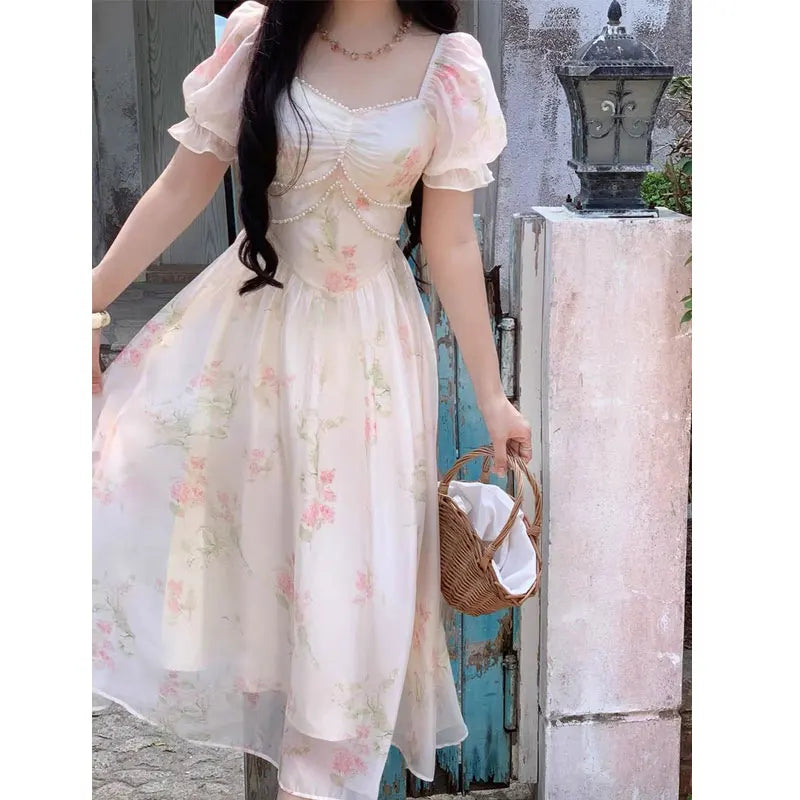 Korea Vintage Floral Print Dress Women Casual Square Collar Midi Dress Female Puff Sleeve Elegant Fairy Holiday Dress Vestido