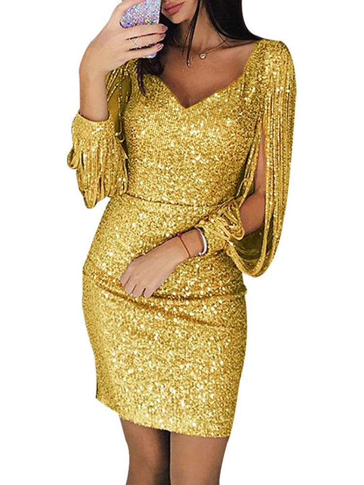 Sexy Women's Party Solid Dresses Sequined Stitching Shining Club Bodycon Long Sleeved Mini Dress Women Casual Fashion Vestidos