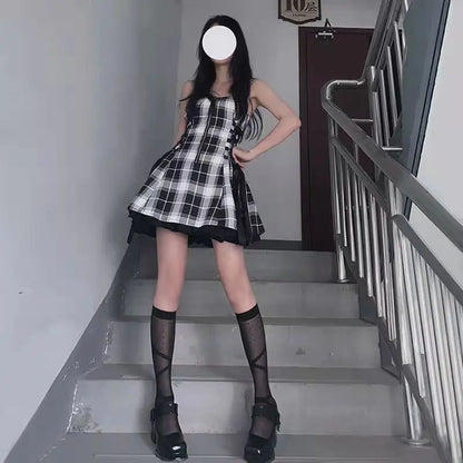 vmtvr  -  Kawaii Lolita Plaid Mini Dress Gothic E Girl Y2k Dresses Ulzzang Sweet Aesthetic Sets Sundress Fairy Grunge Cute Mall Dresses