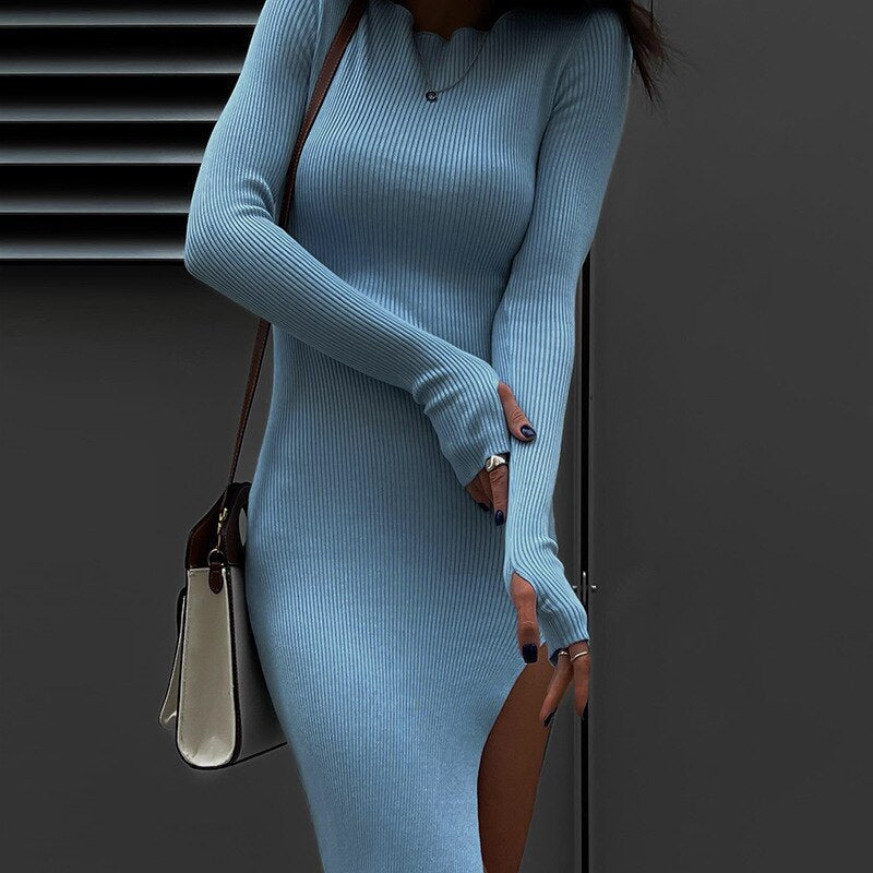 Long Sleeve Sexy Knitted Backless Bodycon Midi Dress Women Autumn Elegant Party Casual Streetwear Clothes Slit Long Dresses