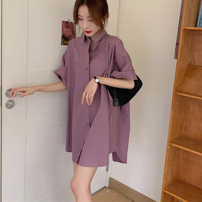 vmtvr Summer Vintage Women Shirts Korean Casual Loose Mid Length Shirts Y2K Female Bf All Match Short Sleeve Tops New