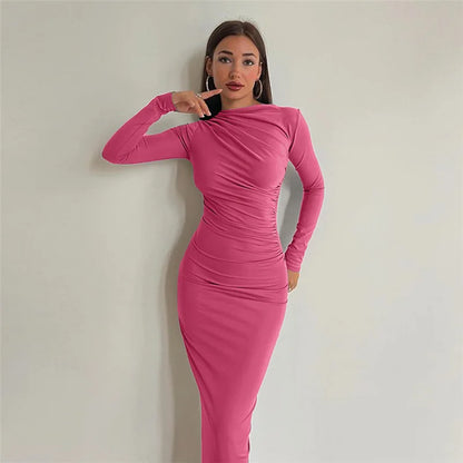 Autumn Elegant Ruched Long Bodycon Dress Fashion Outfits for Women Club Party Slinky Sexy Dresses Birthday Robes