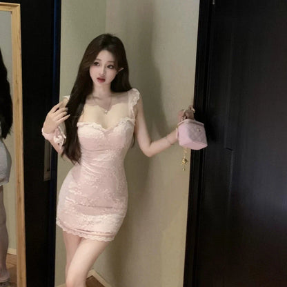 vmtvr  -  Dresses New in Summer Dress Lace Stitching Slim Small Fly Sleeve Slip Dress Women's Summer Pink Sweet Babes dress Waist Skir