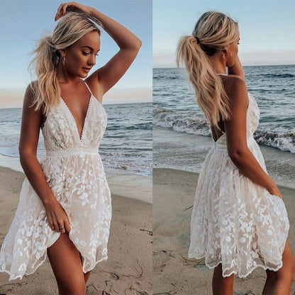 vmtvr - High Waist Sexy Mini Dress Female Lace Sexy Backless V-Neck Women Dresses Summer Beach Party Knee-Length Clothing