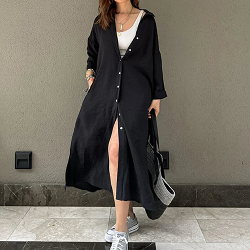 vmtvr  -  Spring Casual Solid Lazy Long Shirt Dress Women Single Breasted Split A-Line Party Dress New Autumn Long Sleeve Lady Party Dress