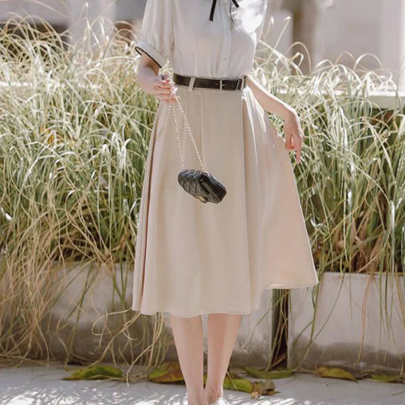 vmtvr Summer High Waist Pleated Skirts Women Korean Casual Loose Midi Skirts Fashion Female Elegant Solid A Line Skirts New