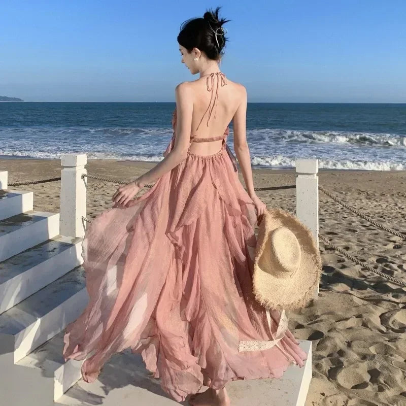 vmtvr Holiday Style Halter Backless Party Dress for Women Lolita Vacation Summer Fairy Sundress Pink Graceful Socialite Long Dress New