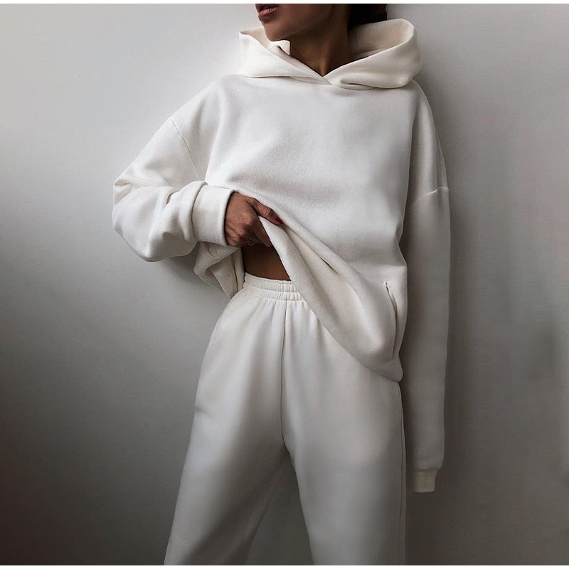 Fleece-Lined Tracksuits Women Casual Solid Warm Suits Hoodies Sweatpants Autumn Winter Pullover Sweatshirts Pants 2 Piece Set