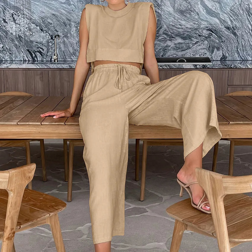vmtvr Women's Cotton Linen Pants Set Summer Women's Loose Shoulder Pads Side Slit Sleeveless Top Casual Pleated Wide Leg Pants Suit