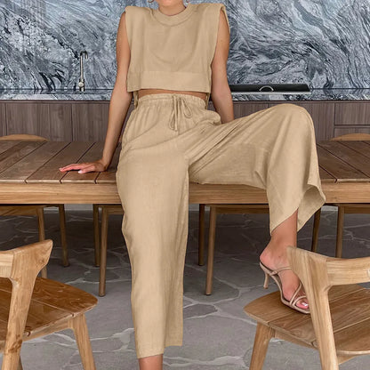 vmtvr Women's Cotton Linen Pants Set Summer Women's Loose Shoulder Pads Side Slit Sleeveless Top Casual Pleated Wide Leg Pants Suit